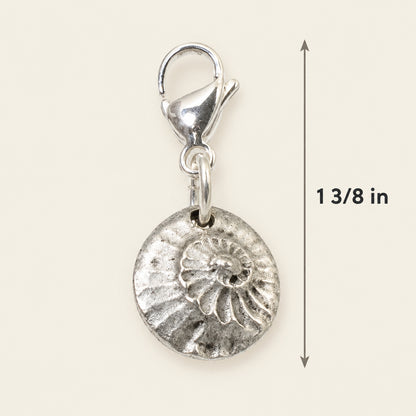 Silver Spiral Shell Clip-On Charm, Fine Silver Plated Pewter, Lobster Clasp