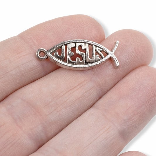 Jesus Fish Charms 15-Pack Silver Metal Ichthys Pendants Christian Gift Supply
