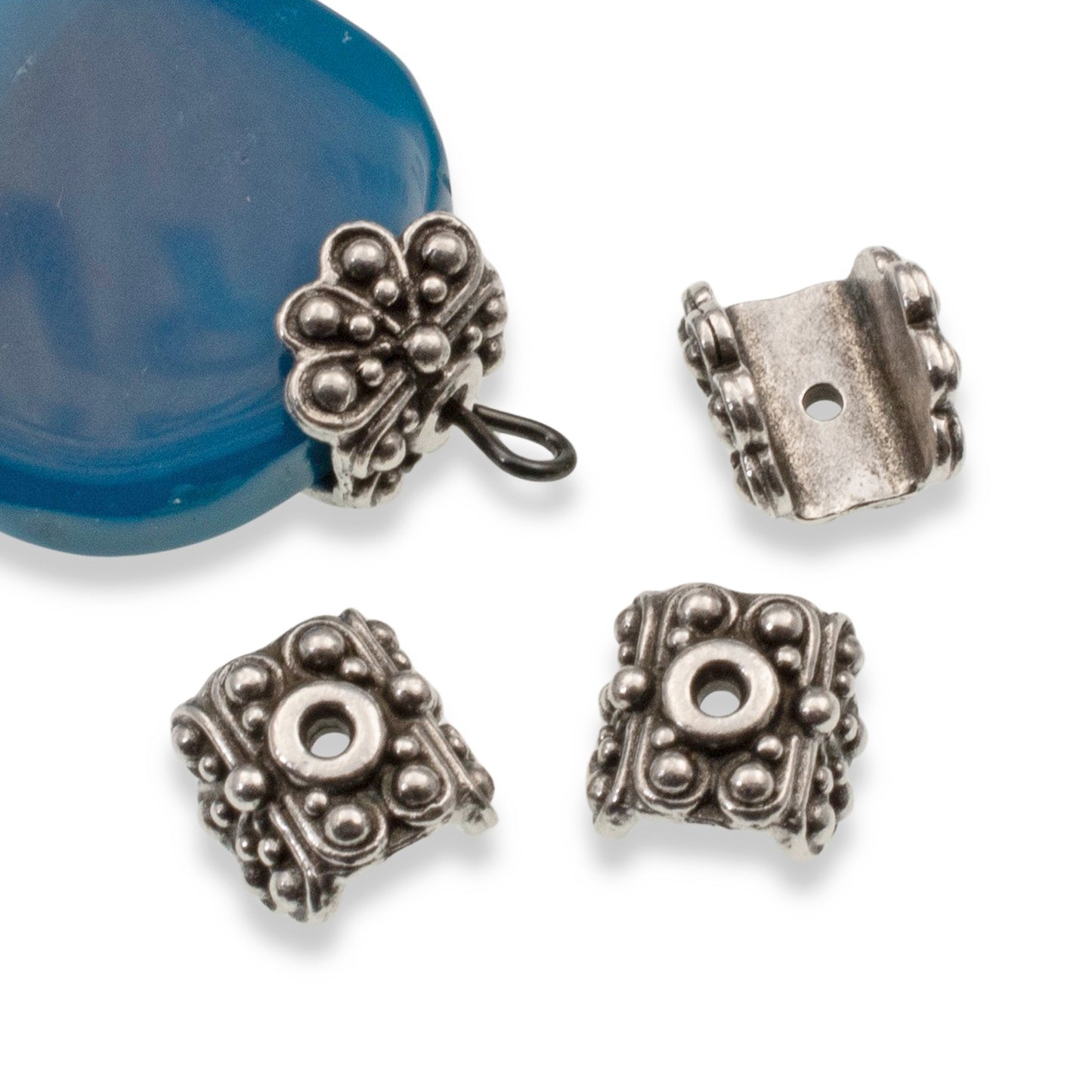 Silver Bead Caps for Gemstones, 8mm Decorative Pendant Saddle Caps, Ornate 4-Pack