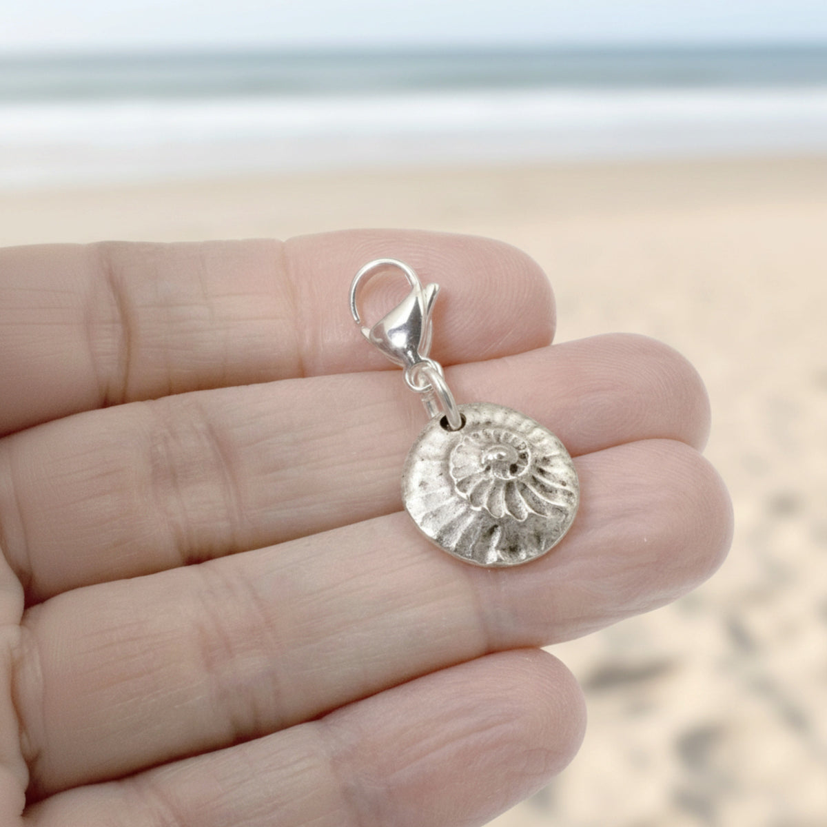 Silver Spiral Shell Clip-On Charm, Fine Silver Plated Pewter, Lobster Clasp