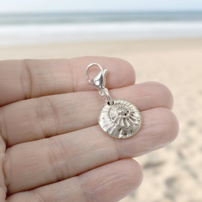 Silver Spiral Shell Clip-On Charm, Fine Silver Plated Pewter, Lobster Clasp