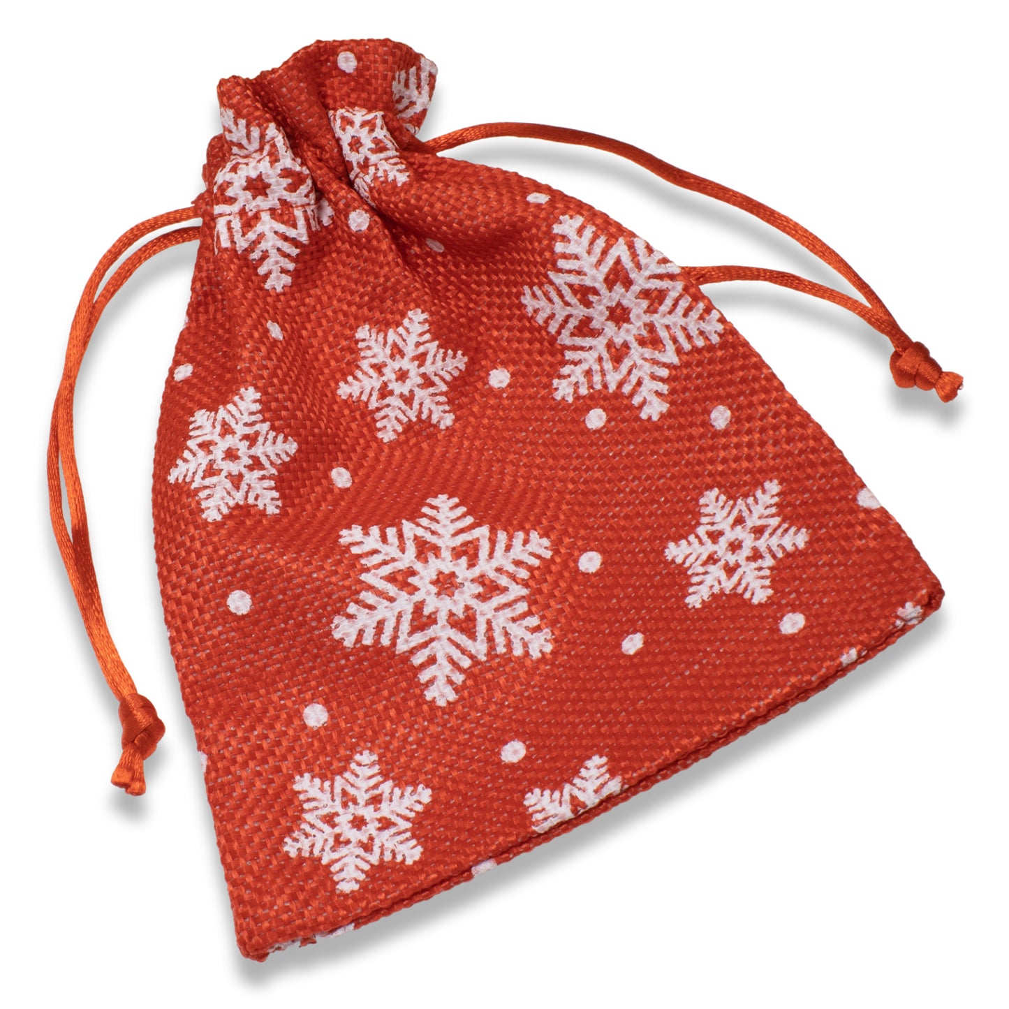 5 Red + White Snowflake Fabric Drawstring Bags, Christmas Cloth Pouches