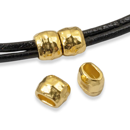 10 Gold Hammered Barrel Leather Crimp Beads, 4x2mm Hole Size, TierraCast Design