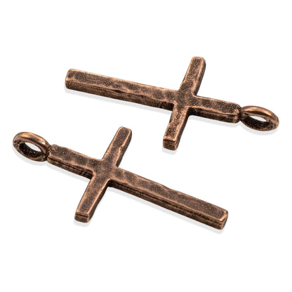 Large Hammered Cross Pendants: 2-Pc Antique Copper-Plated 34mm Religious Charms