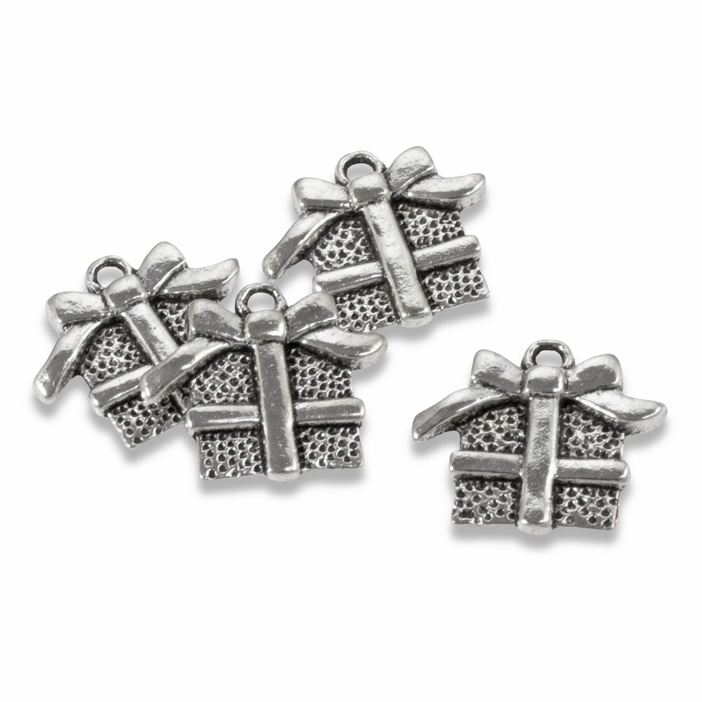 Silver Gift Box Charm: Antique Wrapped Bow Holiday 20-Pack Holiday Crafts
