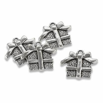 Silver Gift Box Charm: Antique Wrapped Bow Holiday 20-Pack Holiday Crafts