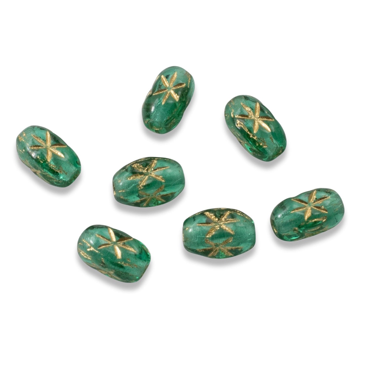 50 Teal Green Rice Beads - Etched Gold Star Design - Czech Glass - 6x4mm