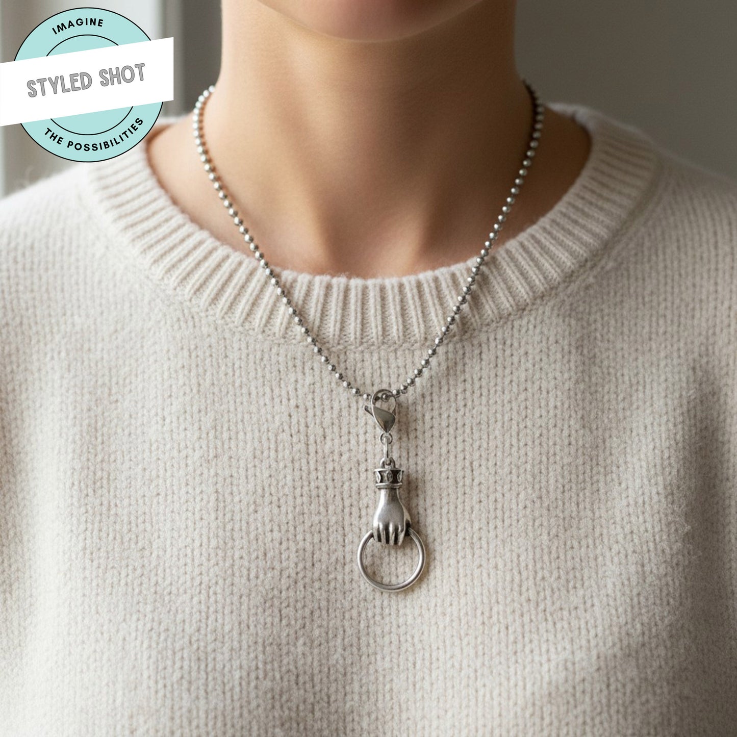 Silver Hand with Ring Clip-On Charm Holder Eyeglass Necklace Boho