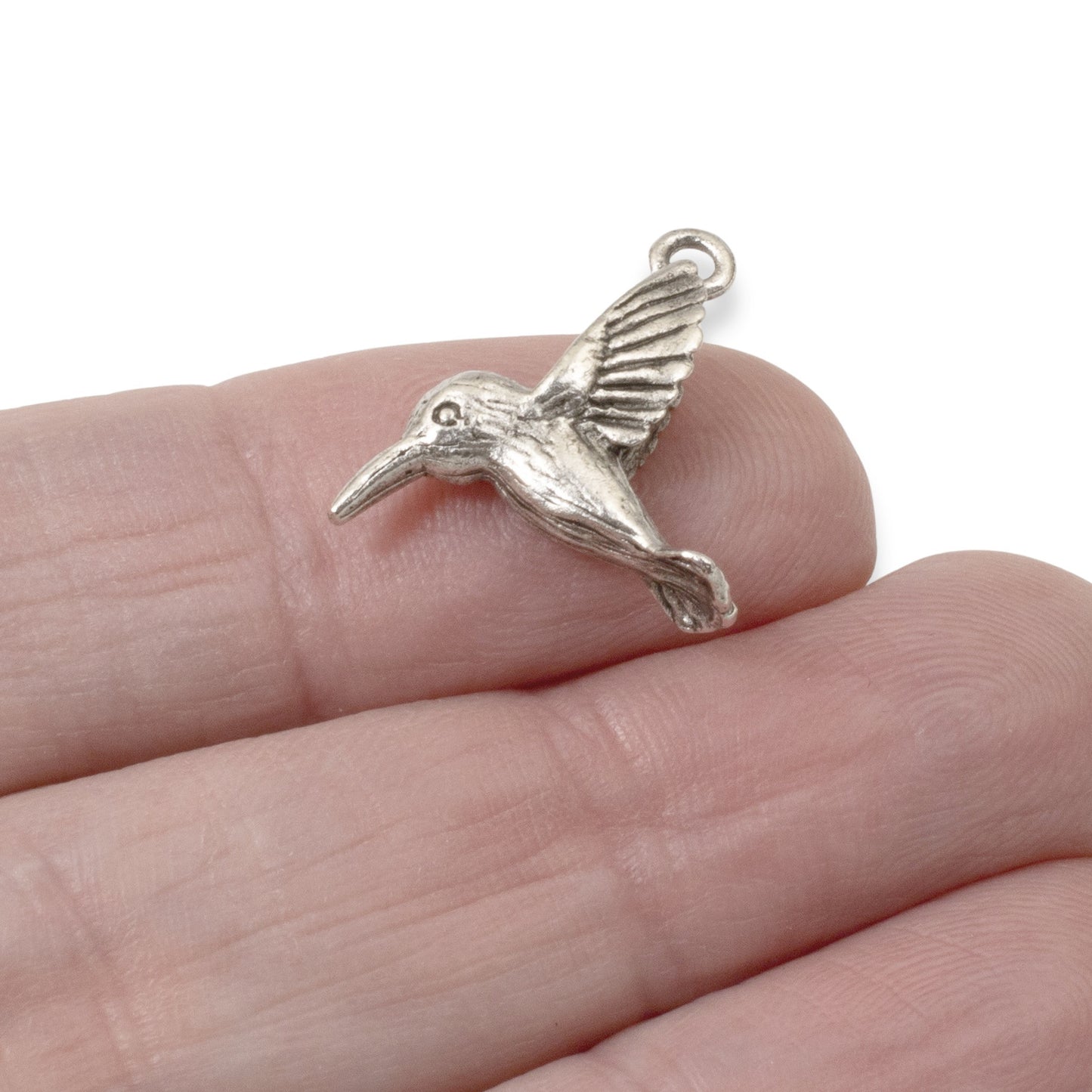 2 Pc Silver Hummingbird Charms, Fine Silver-Plated Nature Jewelry, Rustic Birds