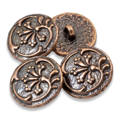 Copper Vignette Buttons, 4-Pack Floral Metal Shank Buttons for Wrap Bracelets