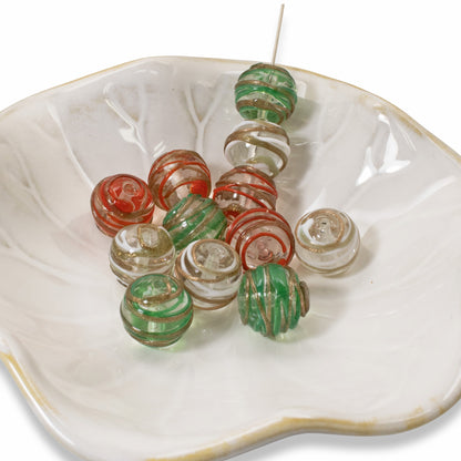 Set of 12 Christmas Lampwork Beads, Red, Green, White Swirl, 12mm Round