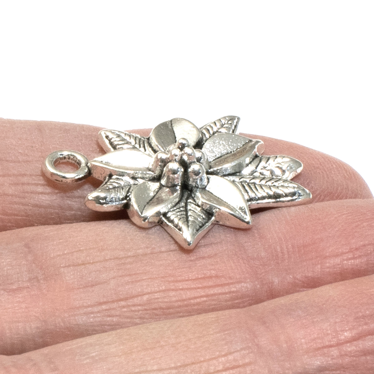 6 Silver Poinsettia Pendants - Festive Christmas Charms - Holiday Jewelry Making