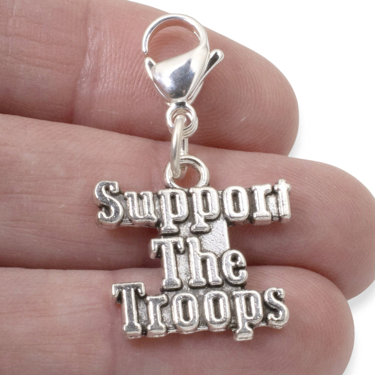 Support the Troops Clip-On Charm, Silver Metal Alloy, Lobster Clasp, 1.5 Inch