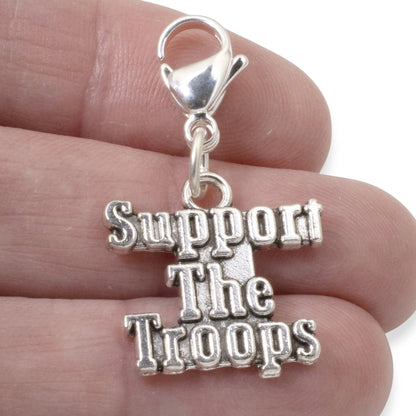 Support the Troops Clip-On Charm, Silver Metal Alloy, Lobster Clasp, 1.5 Inch