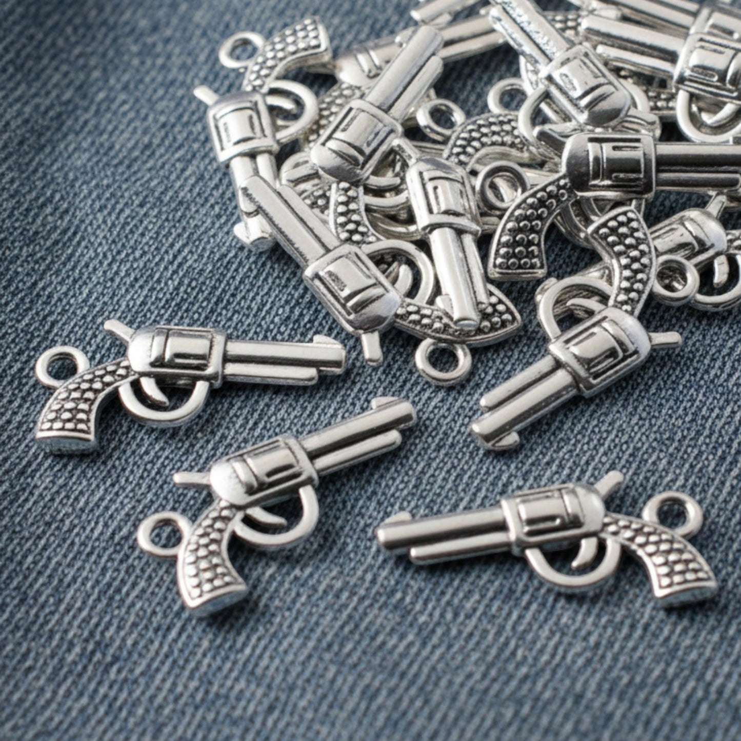 Silver Gun Charm: Revolver Pistol Western Cowgirl Edgy Boho Jewelry Making 20-Pack