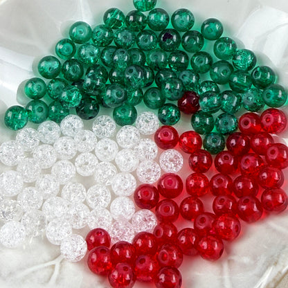 300-Pack 6mm Red, Green & White Glass Crackle Bead Mix - Festive Christmas Crafts