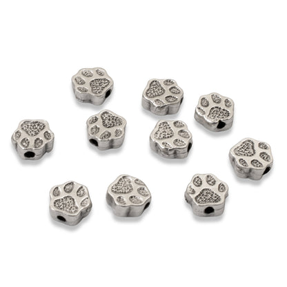 10 Silver Paw Print Beads, TierraCast Designed - Dog Pet-Themed Jewelry Crafting