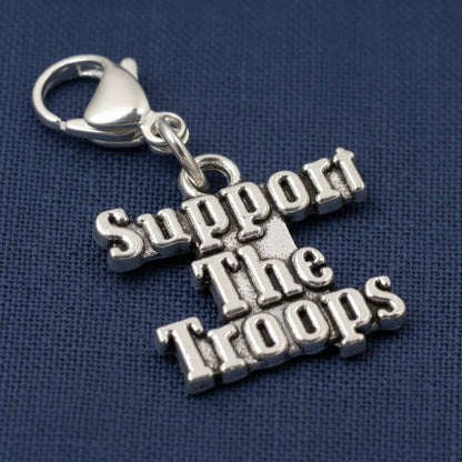 Support the Troops Clip-On Charm, Silver Metal Alloy, Lobster Clasp, 1.5 Inch