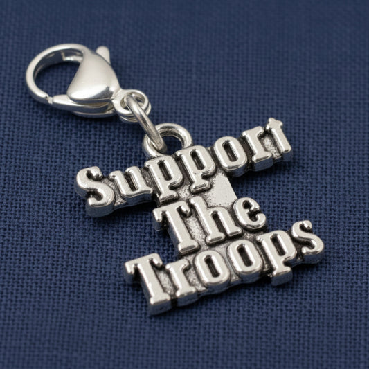 Support the Troops Clip-On Charm, Silver Metal Alloy, Lobster Clasp, 1.5 Inch
