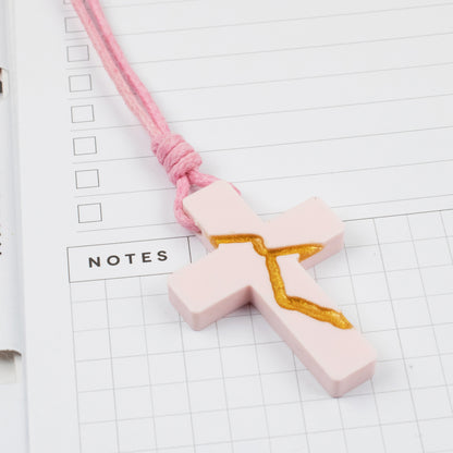 Pink Kintsugi Cross Necklace, Inspirational Wearable Art, Handmade Cross Pendant, Meaningful Gift, Japanese Philosophy Jewelry