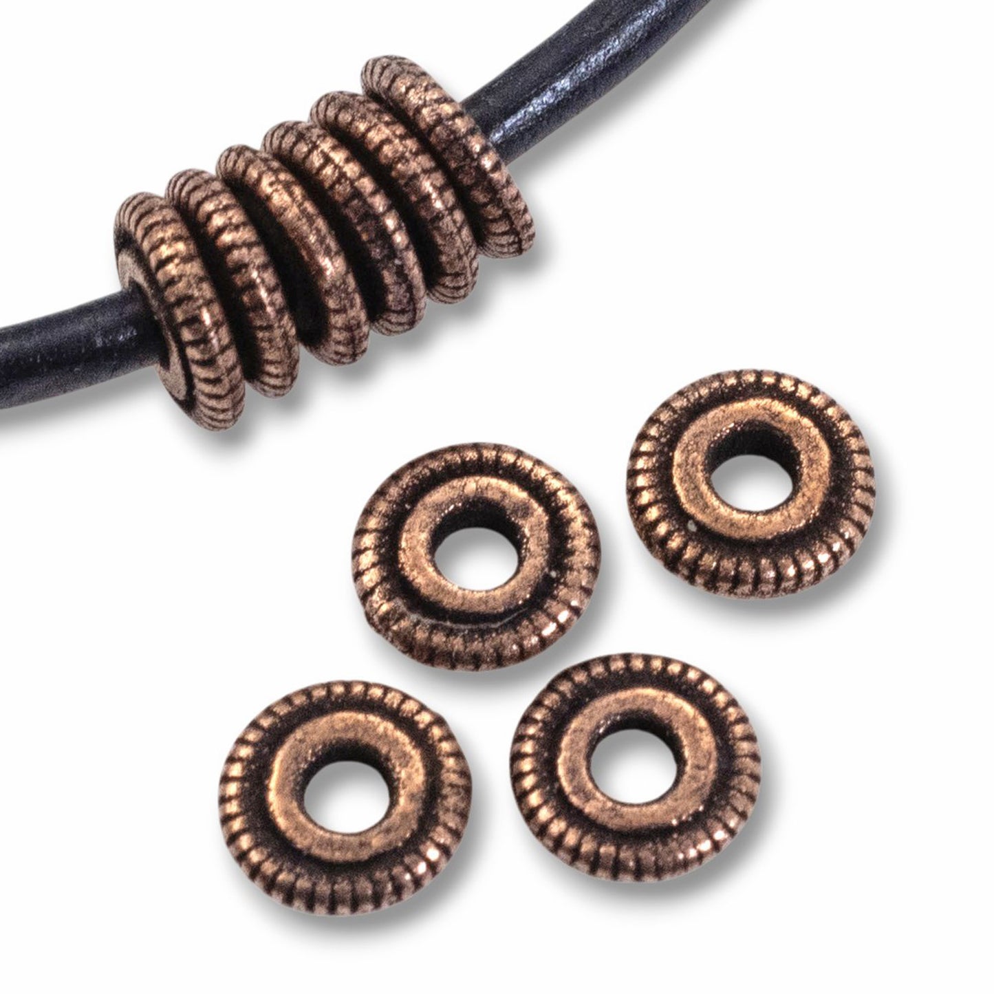 Antique Copper Spacer Beads 6mm Line Edge Large Hole Leather Cord 10-Pack USA