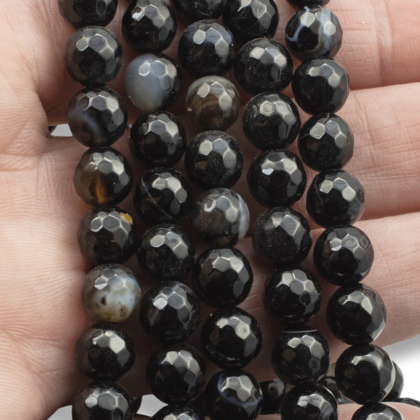 Faceted Black Agate Beads: 8mm Round Gemstone Strand Natural Stone 48 Pcs