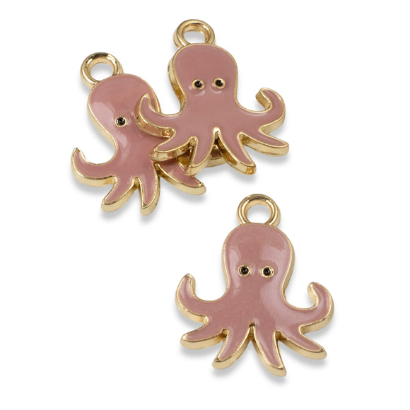 6 Pink Enamel Octopus Charms, Whimsical Pendants for Sea Life Jewelry & Crafts