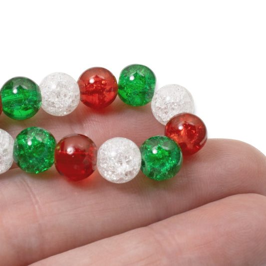 150pc 8mm Red, Emerald Green & White Crackle Glass Beads | Christmas Bead Mix