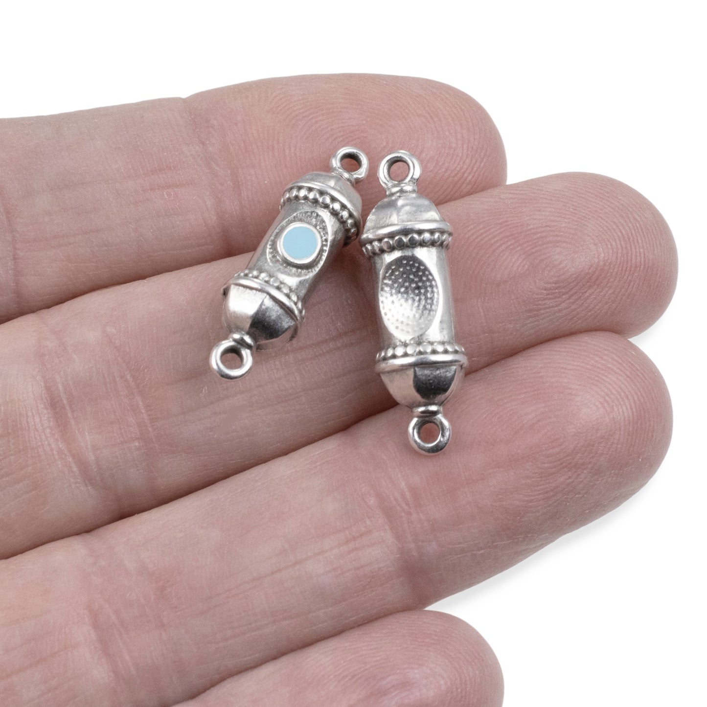Silver Prayer Amulet Pendant 2Pcs, Antique Deco Connector with Aqua Enamel, Spiritual Jewelry Supply