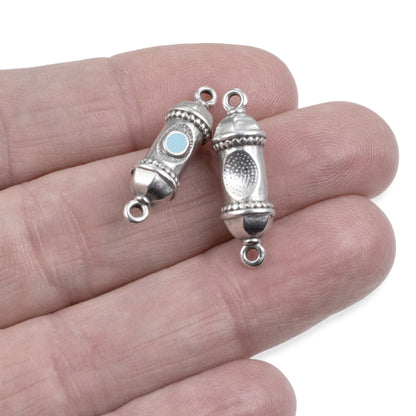 Silver Prayer Amulet Pendant 2Pcs, Antique Deco Connector with Aqua Enamel, Spiritual Jewelry Supply