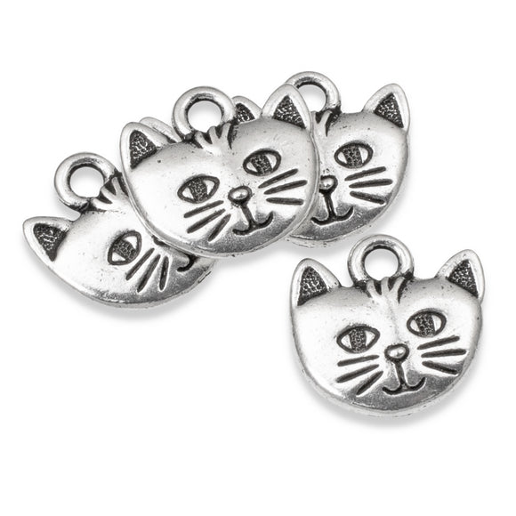 4 Silver Cat Face Charms, TierraCast Whiskers Kitty Cat Lover Charm