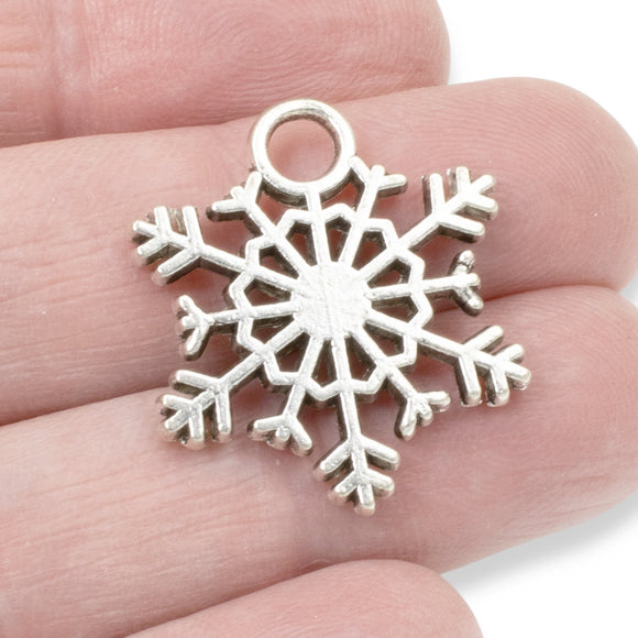 10 Silver Snowflake Pendants, Metal Large Hole Charms, Winter Christmas Crafts