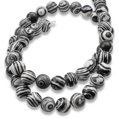 Black & White Striped Malachite Beads - 8mm Round Composite Stone - Full Strand