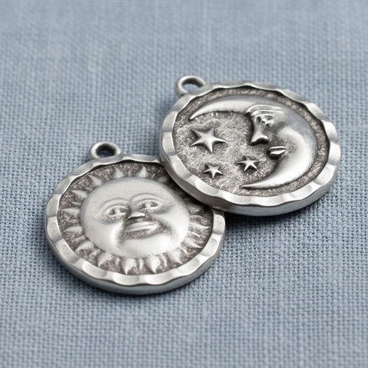 Silver Sun Moon Pendants: Antique Silver Double Sided Celestial Charms 2-Pack