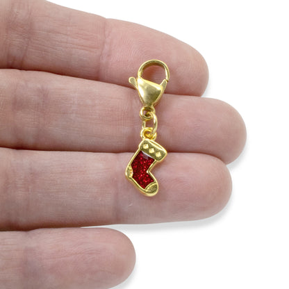 Gold Christmas Stocking Clip-On Charm, Holiday Bracelet Charm, Festive Jewelry