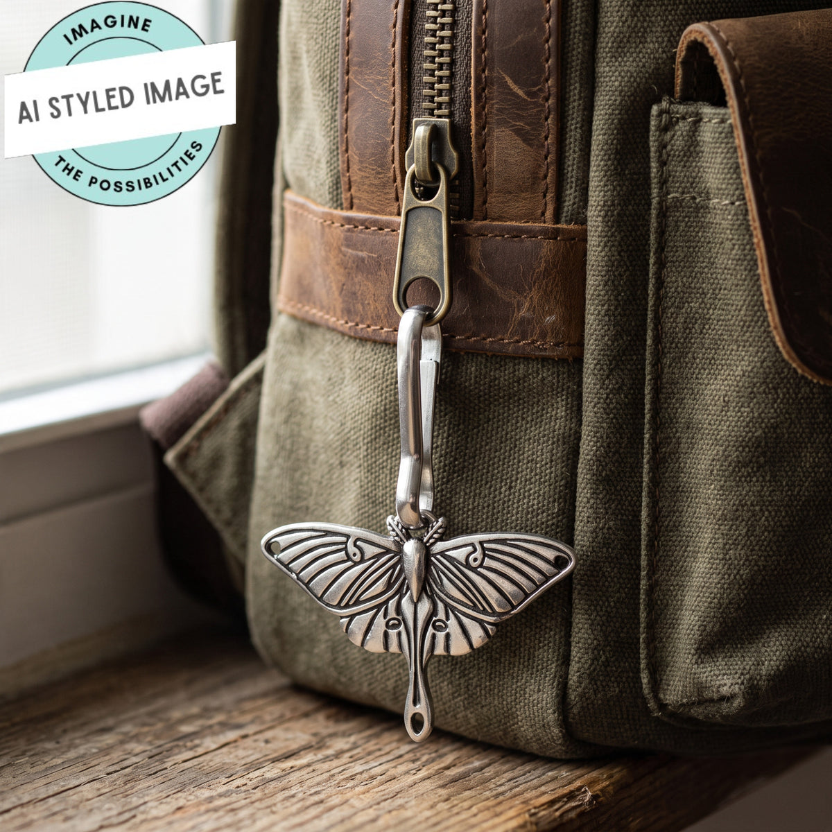 Luna Moth Zipper Pull: Silver Nature Accessory Heavy Duty Luggage Tag Backpack Charm Hiker Gift Outdoor Travel