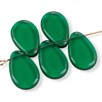 12 Teal Green Czech Glass Teardrop Beads, Tip Drilled 12x18mm Flat Pear Pendant Loose, Holiday Green Jewelry Supply