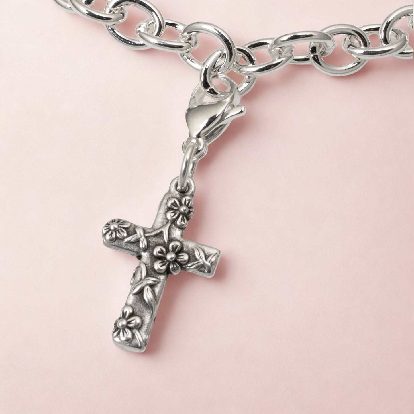 Silver Floral Cross Clip-on Charm, Religious Bag Accessory, Faith Jewelry