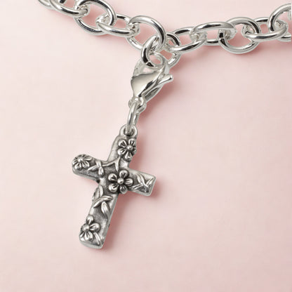 Silver Floral Cross Clip-on Charm, Religious Bag Accessory, Faith Jewelry