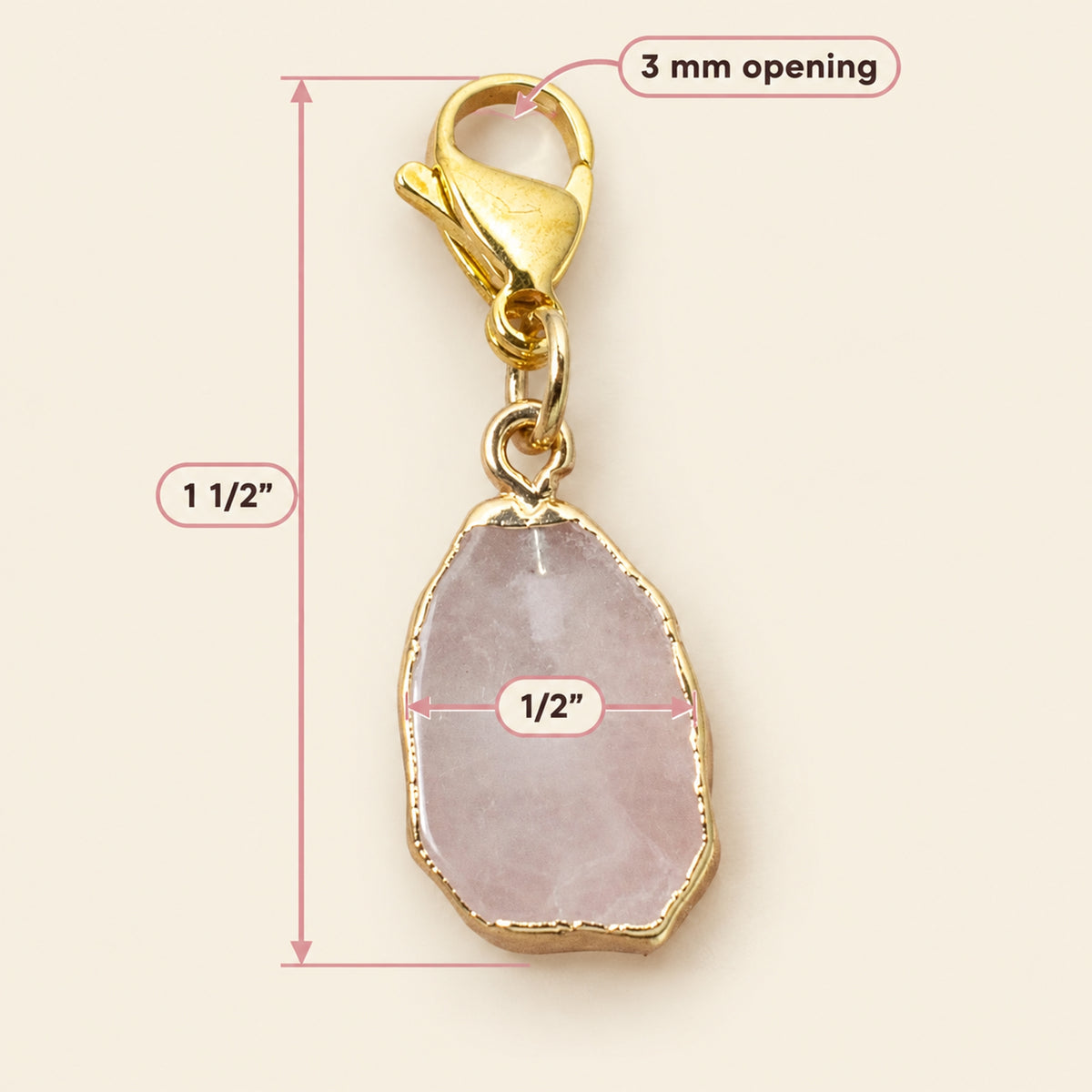 Rose Quartz Clip On Charm, Gold Edged Pink Crystal for Bag, Jewelry Accessory