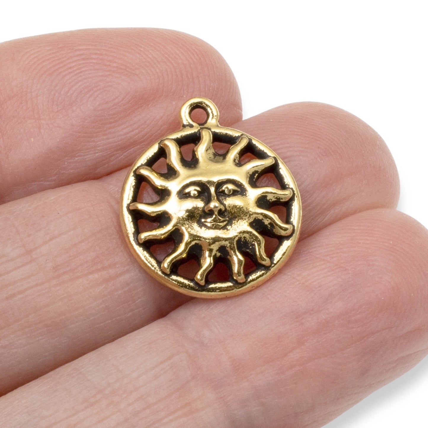 2 Gold Sunshine Charms -TierraCast Sun Face Pendant - Celestial Sun with Rays