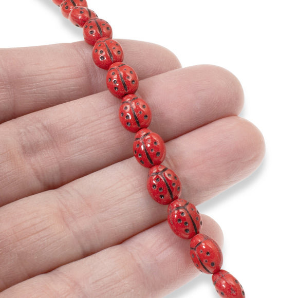 21 Pcs Red Ladybug Czech Glass Beads, 7x9mm Oval Shape, Whimsical Jewelry Supply