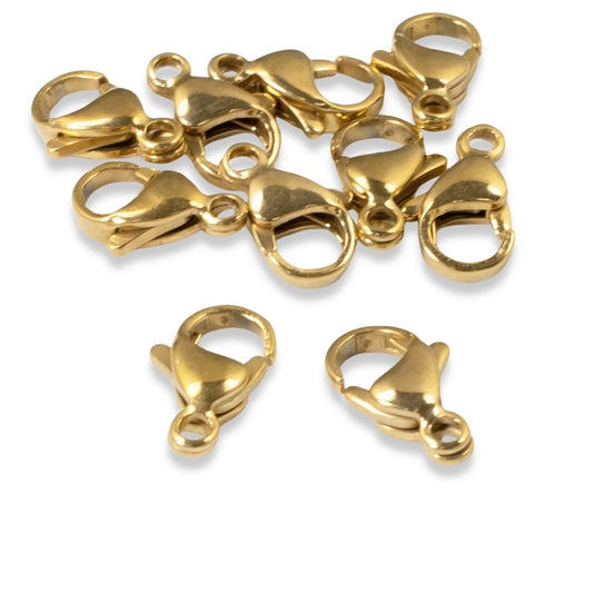 10 Gold Lobster Claw Clasps - Medium 8x13mm Size - Durable Stainless Steel