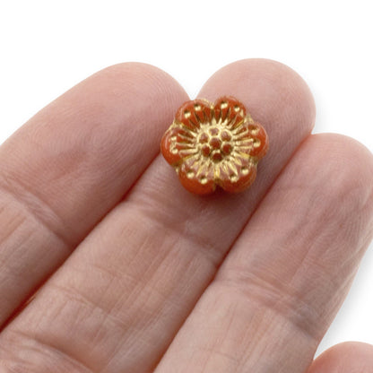 Wild Rose Czech Glass Beads, 8-Pack Burnt Orange Opaline Gold Wash, Flower Beads