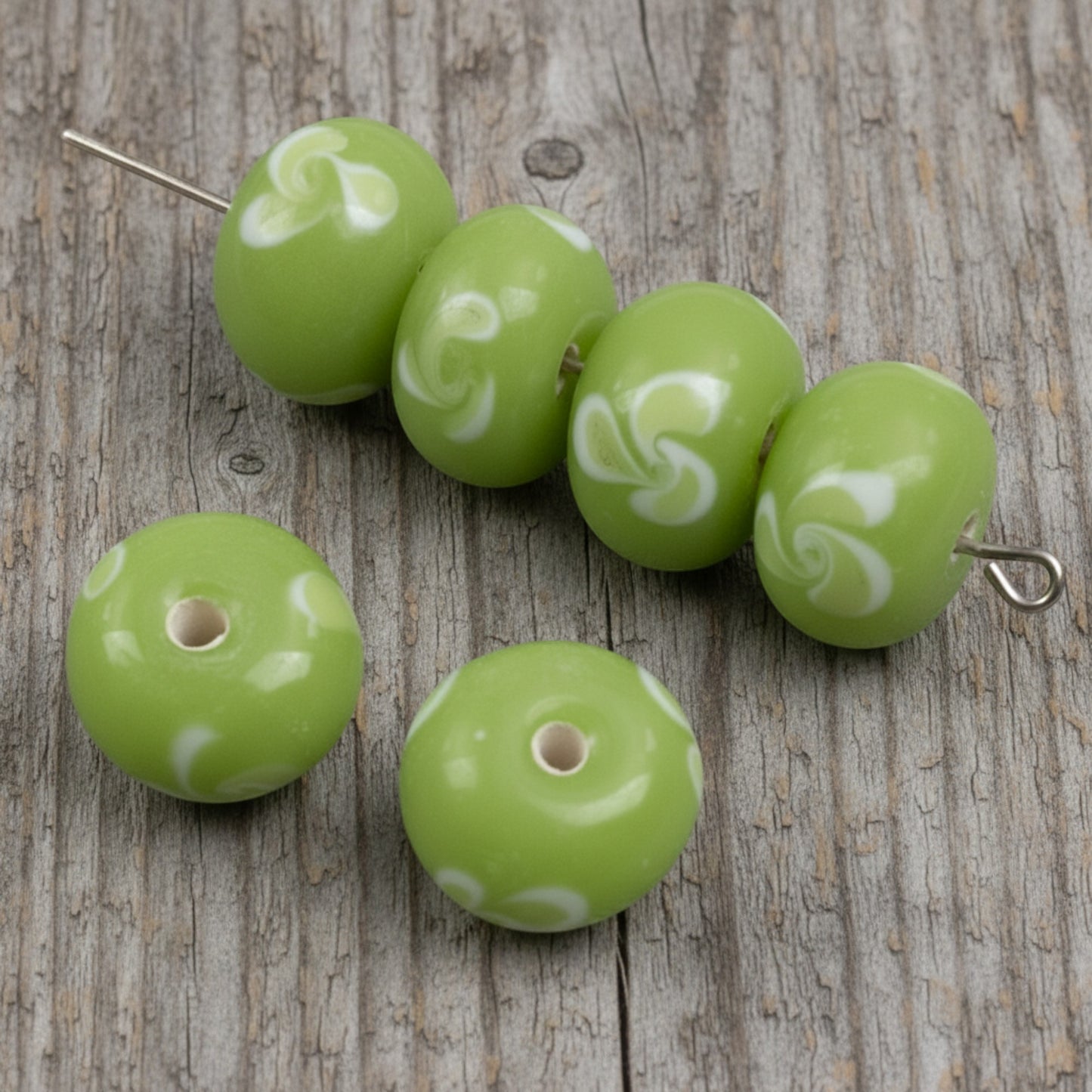 Green Swirl Flower Lampwork Beads: Opaque Lime Rondelle Glass 13mm 10-Pack