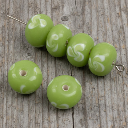 Green Swirl Flower Lampwork Beads: Opaque Lime Rondelle Glass 13mm 10-Pack