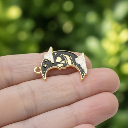Skull Moon Charms 4-Pack, Gothic Black Gold Enamel Pendants Halloween Jewelry