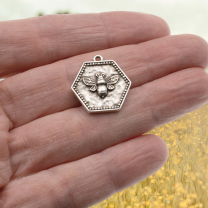 Silver Hexagon Bee Charm: 2Pc Medallion Pendants, Spring Garden Jewelry Making, Nature Earrings