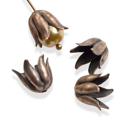 Curled Petal Bead Caps 8mm Antique Copper-Plated Pewter: Dimensional Metal Findings USA Made 4-Pack