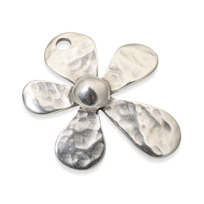 Large Hammered Flower Pendant, 1Pc Silver Artisan Style European Charm, Boho DIY